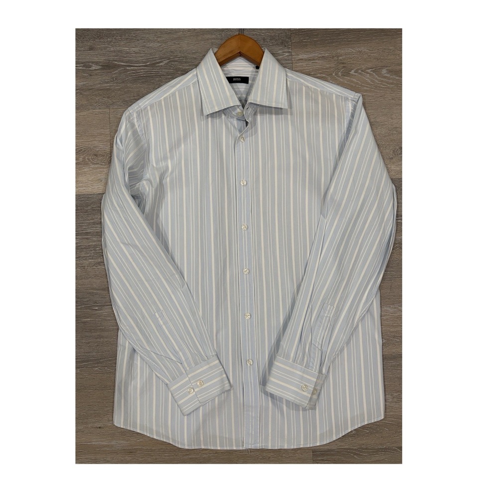 HUGO BOSS Men's Blue White Striped Cotton‎ Dress Shirt 17 34/35 Spread Collar